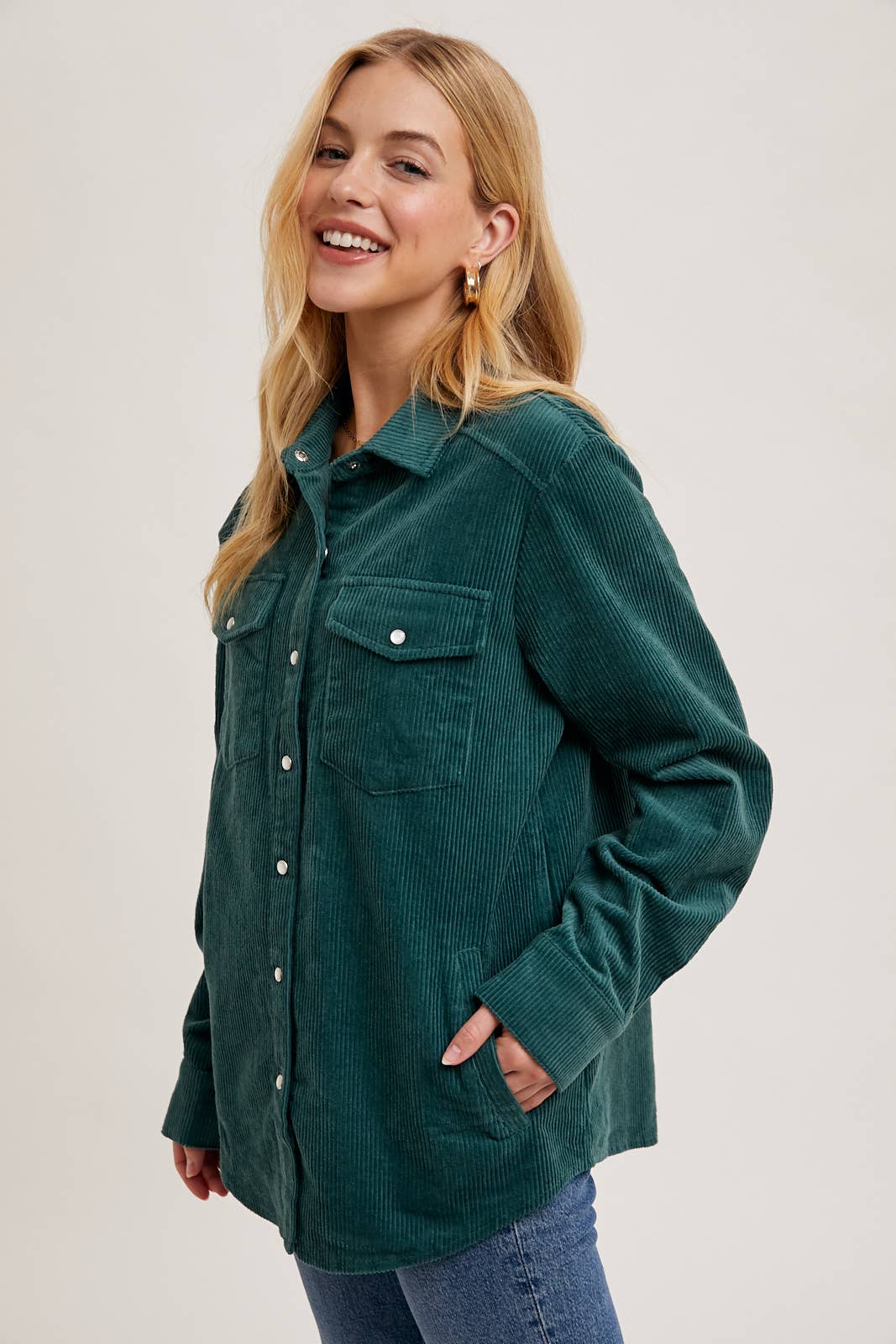 Corduroy Shacket with Pockets - Peacock