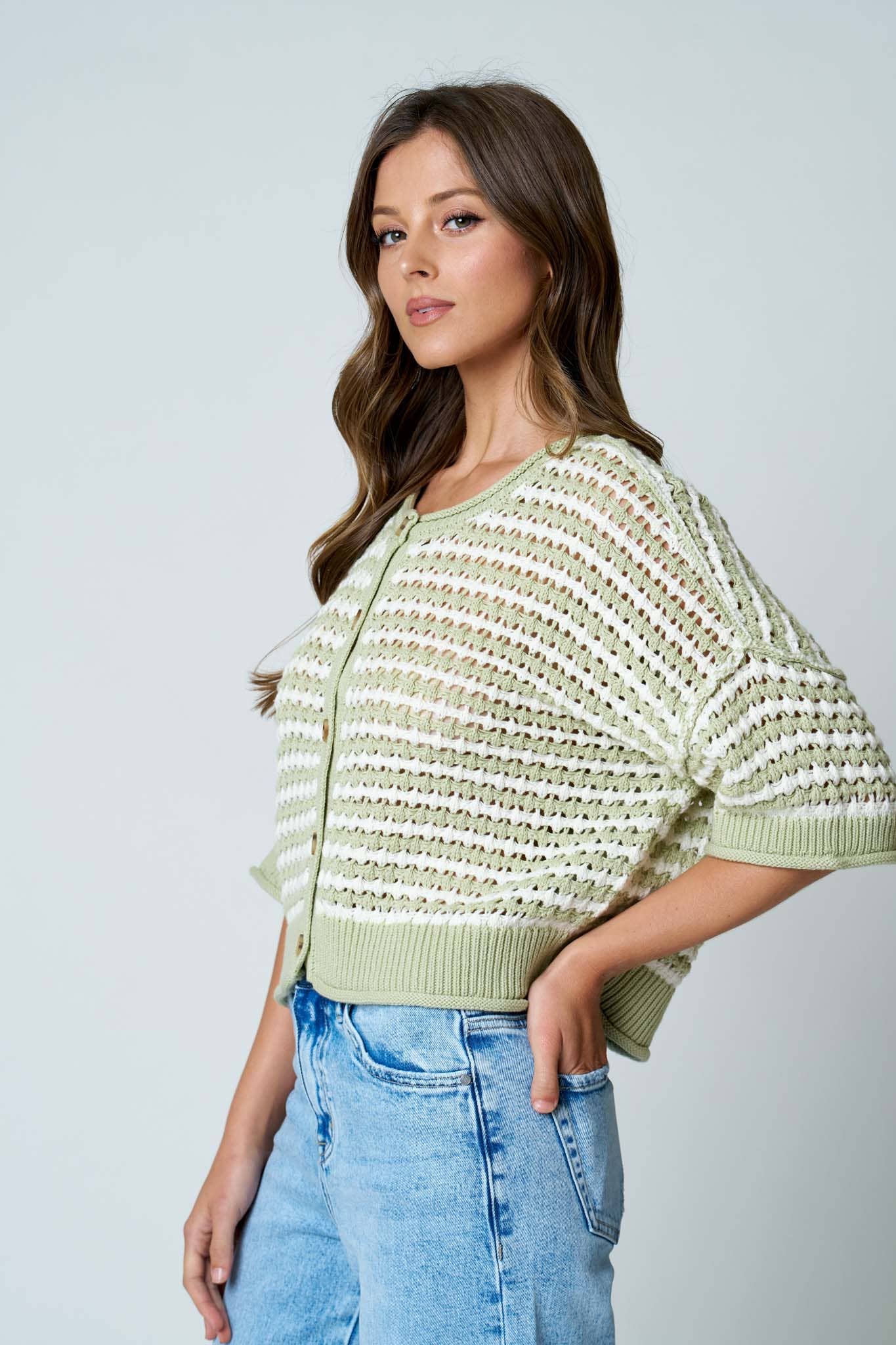 Stripe Short Sleeve Crochet Knit Cardigan: LIGHT OLIVE