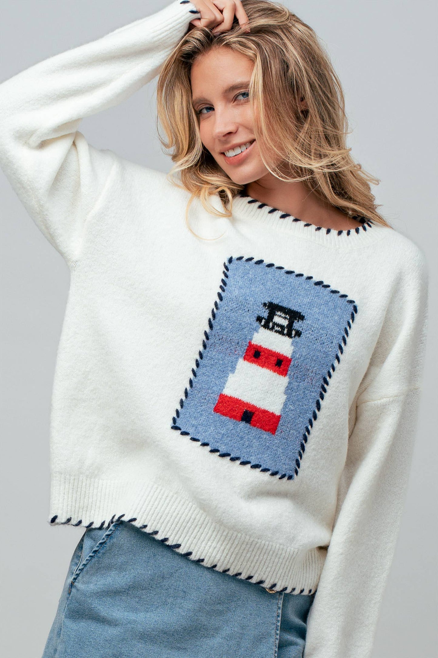 Whipstitch Trim Lighthouse Knit Sweater