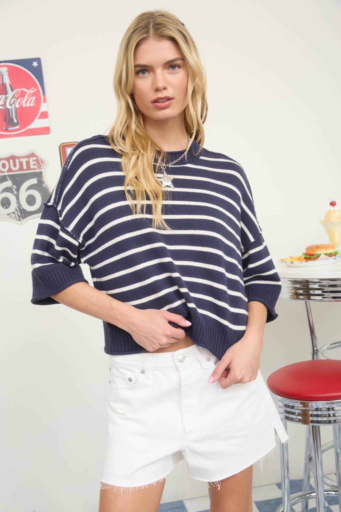 STRIPE RAW EDGE DROP SHOULDER SHORT SLEEVE SWEATER - DARK NAVY