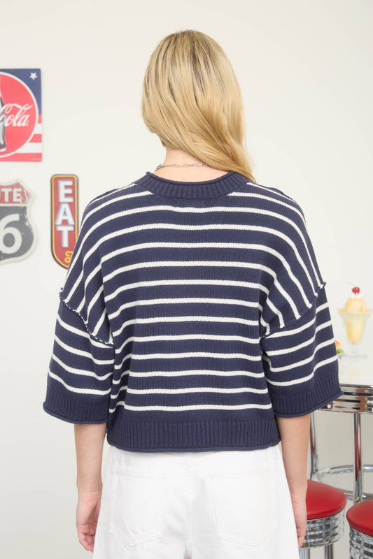 STRIPE RAW EDGE DROP SHOULDER SHORT SLEEVE SWEATER - DARK NAVY