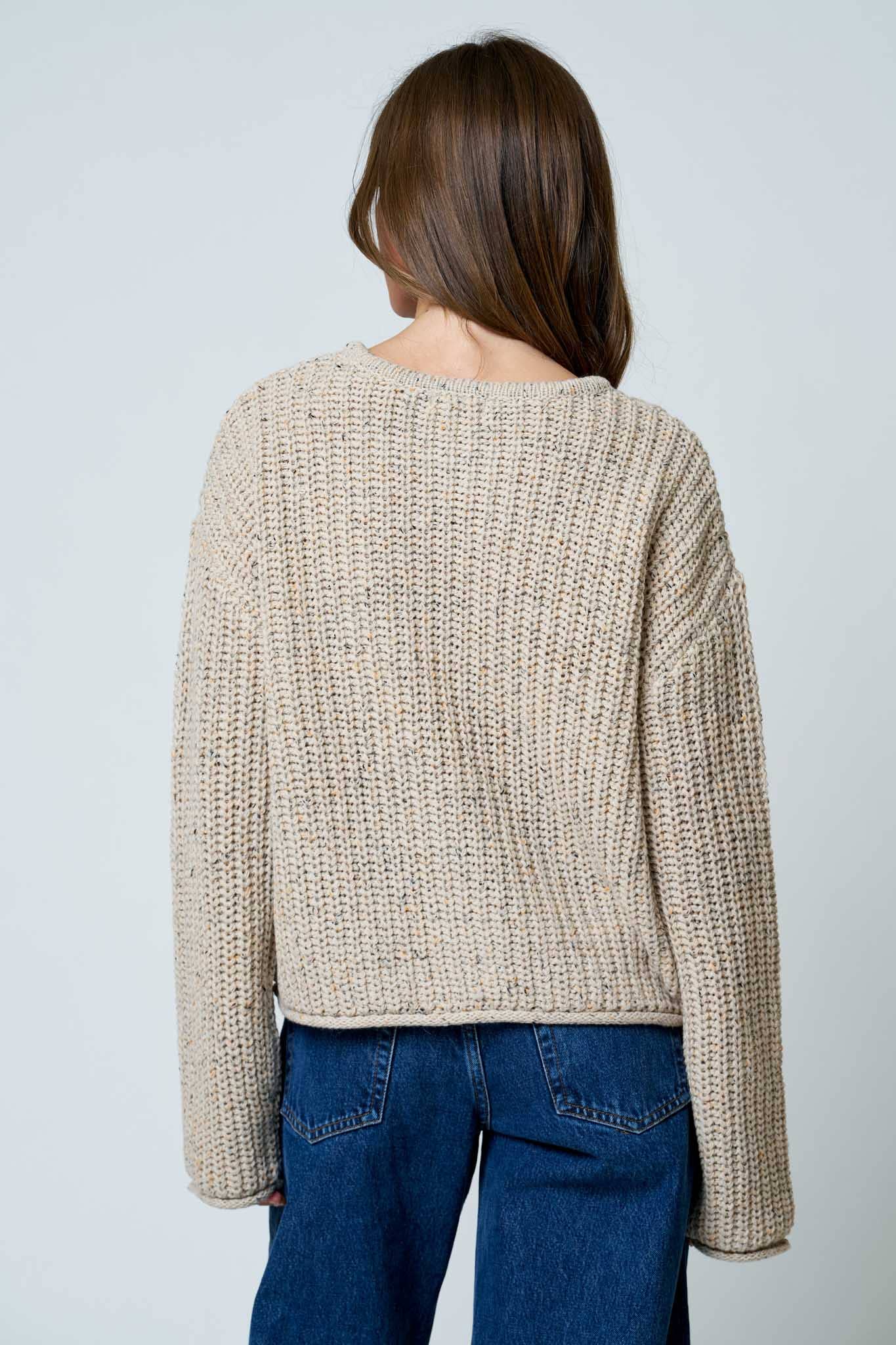 Marled Button Down Raw Edge Chunky Knit Cardigan: LIGHT KHAKI