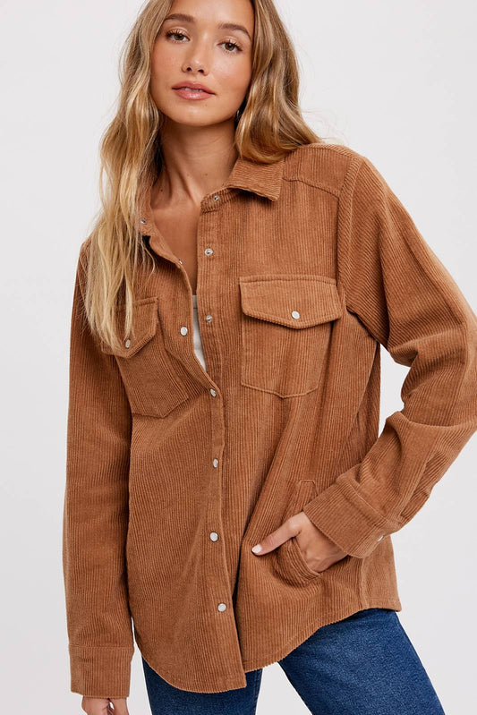 Corduroy Shacket with Pockets - Camel