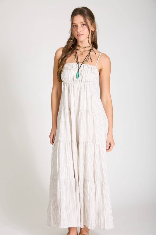 Stripe Shirred Empire Waist Tiered Midi Dress: Mocha