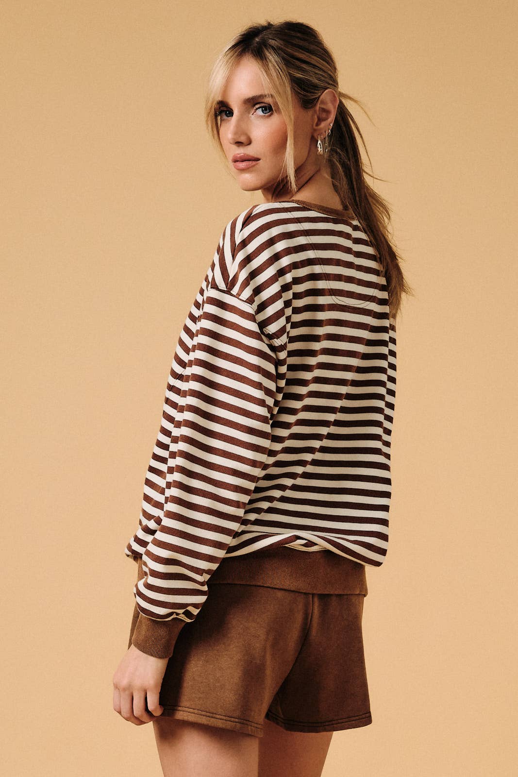 Crew Neck Long Sleeve Stripe French Terry Sweater Shirt: Dark Brown-Cream Stripe