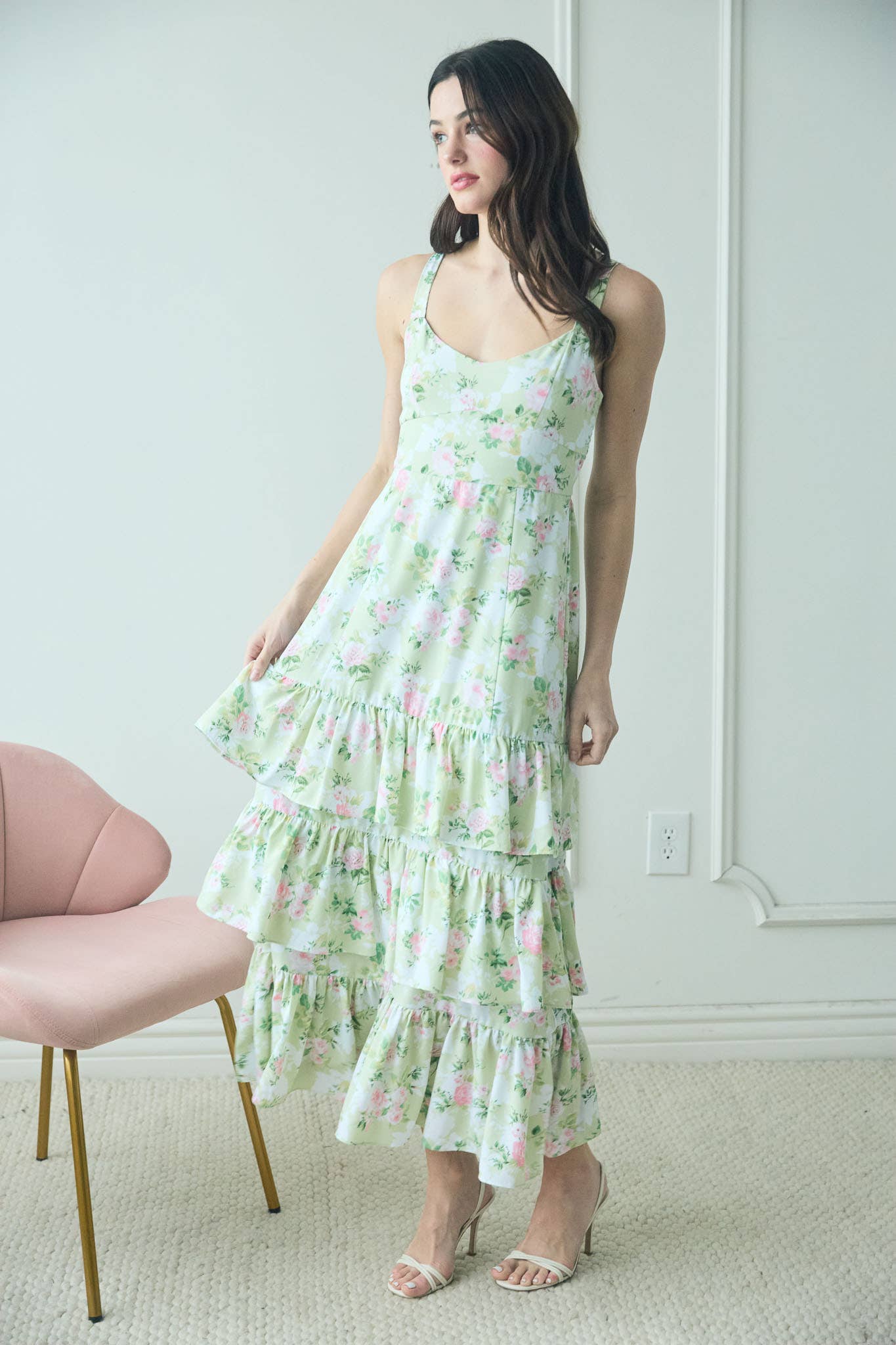 tiered hem midi dress Dorothy Perkins Women's Petite Palm Shirred Waist Tiered Hem Midi Dress in Green | Size: 4