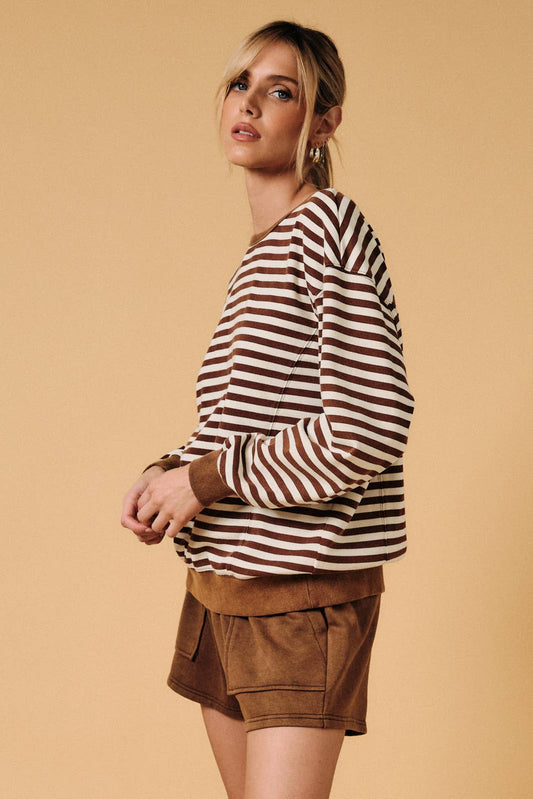Crew Neck Long Sleeve Stripe French Terry Sweater Shirt: Dark Brown-Cream Stripe