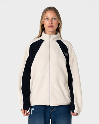 Two Tides Zip Through Sherpa Fleece - Egret/Navy Blue