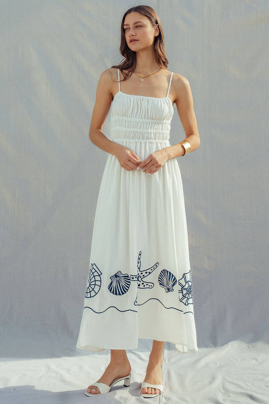 Seashell Embroidered Linen Blend Smocked Dress