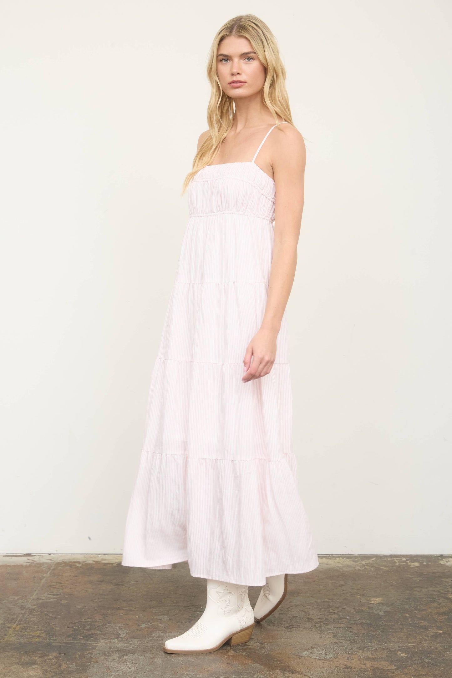 STRIPE SHIRRED EMPIRE WAIST TIERED MIDI DRESS: PINK