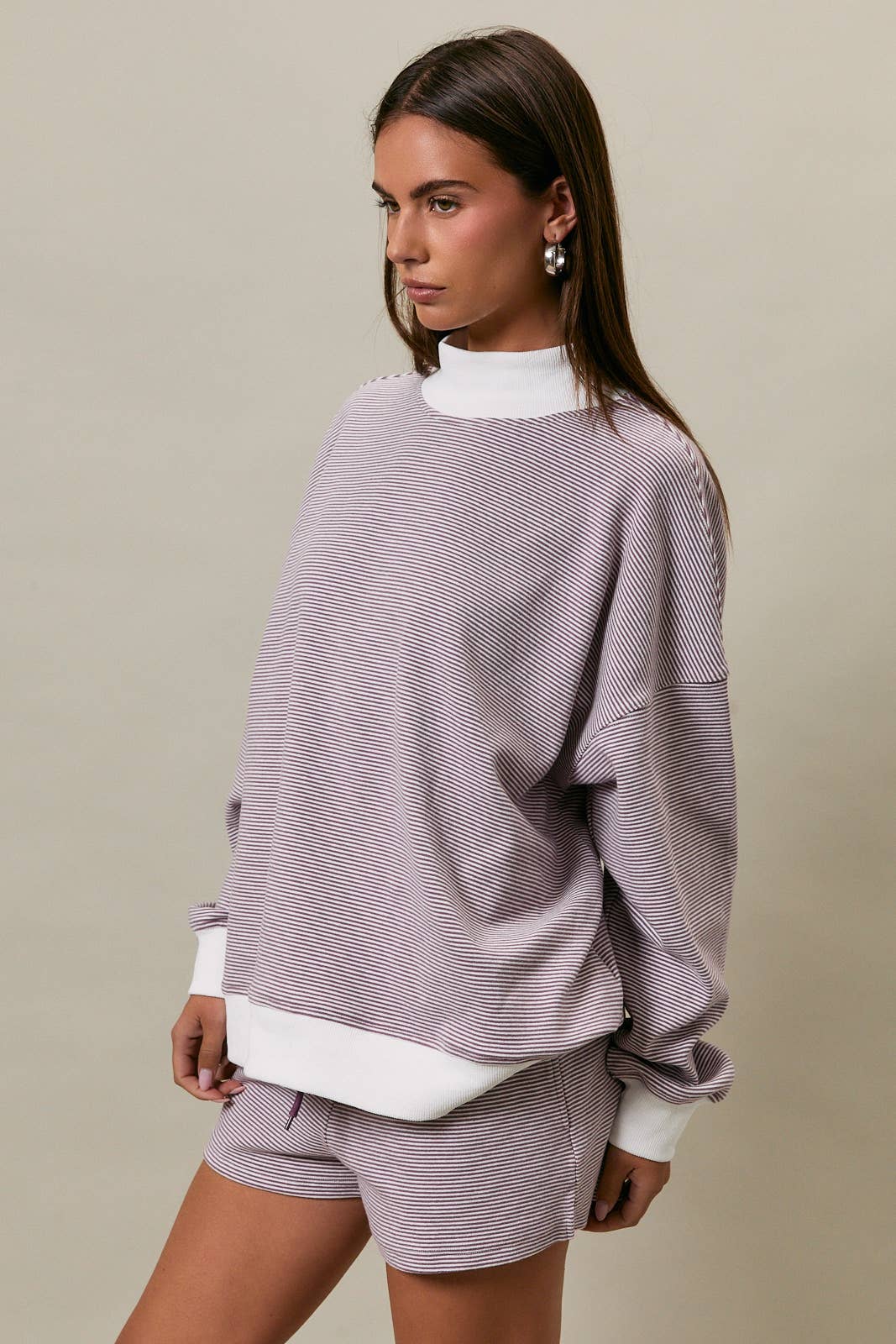 Mock Neck Stripe Sweatshirt - Lavender Cream Stripe