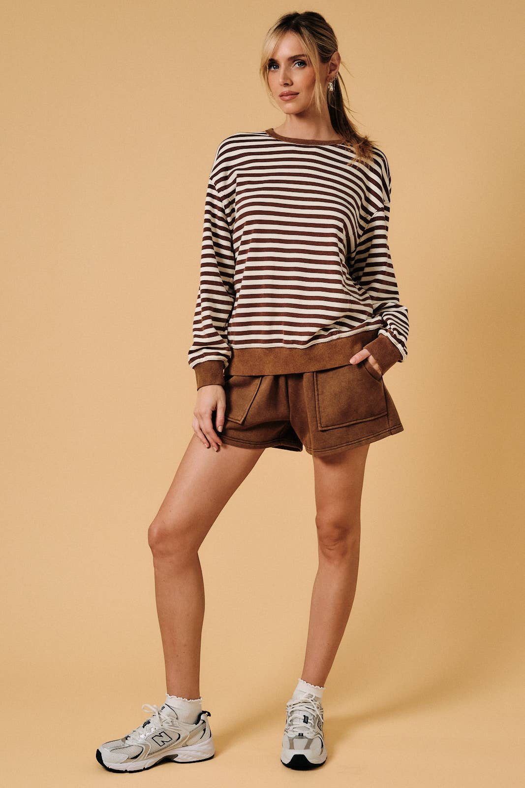 Crew Neck Long Sleeve Stripe French Terry Sweater Shirt: Dark Brown-Cream Stripe