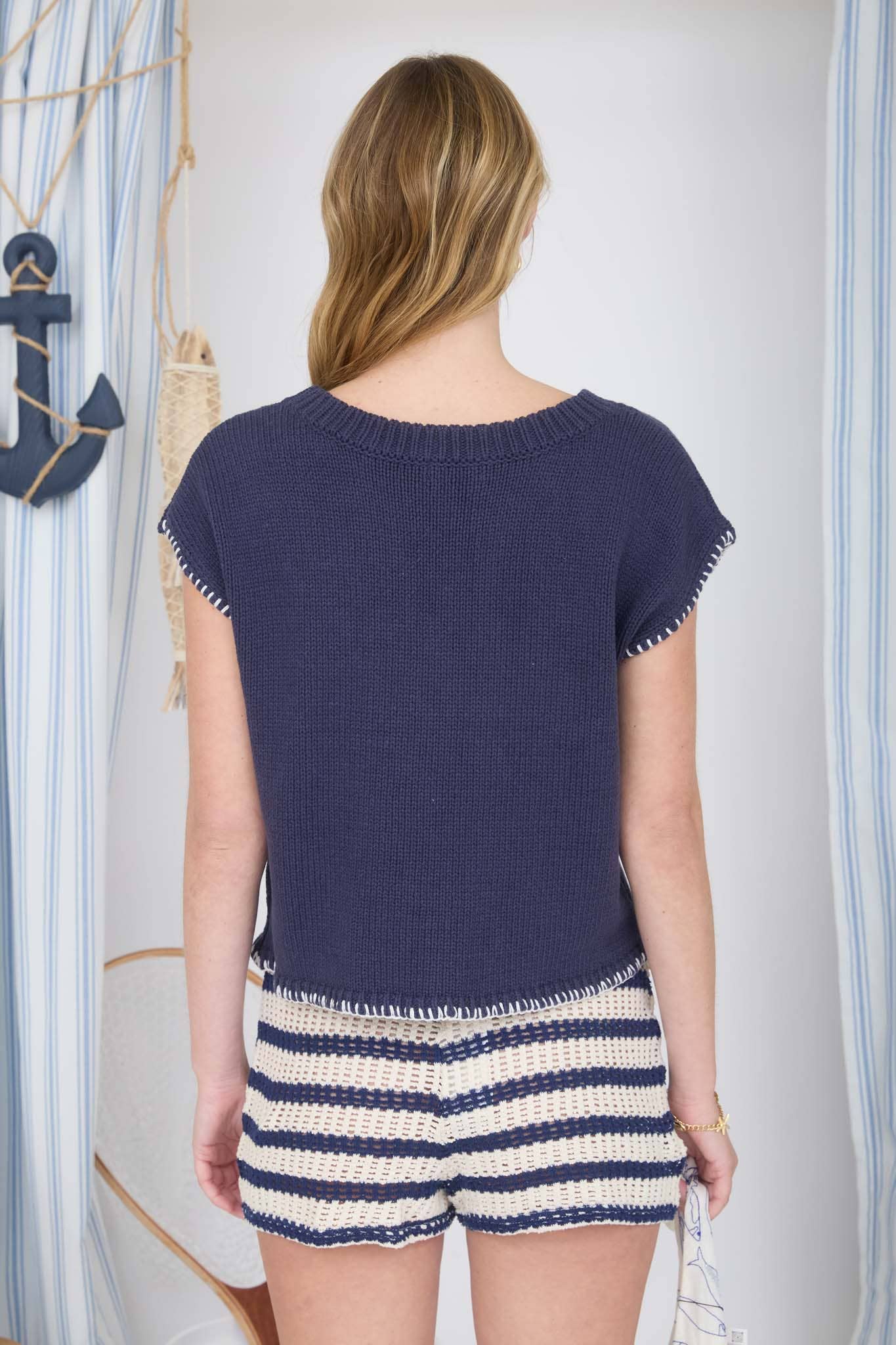 MARINE CONTRAST EDGE STITCH SHORT SLEEVE SWEATER - NAVY