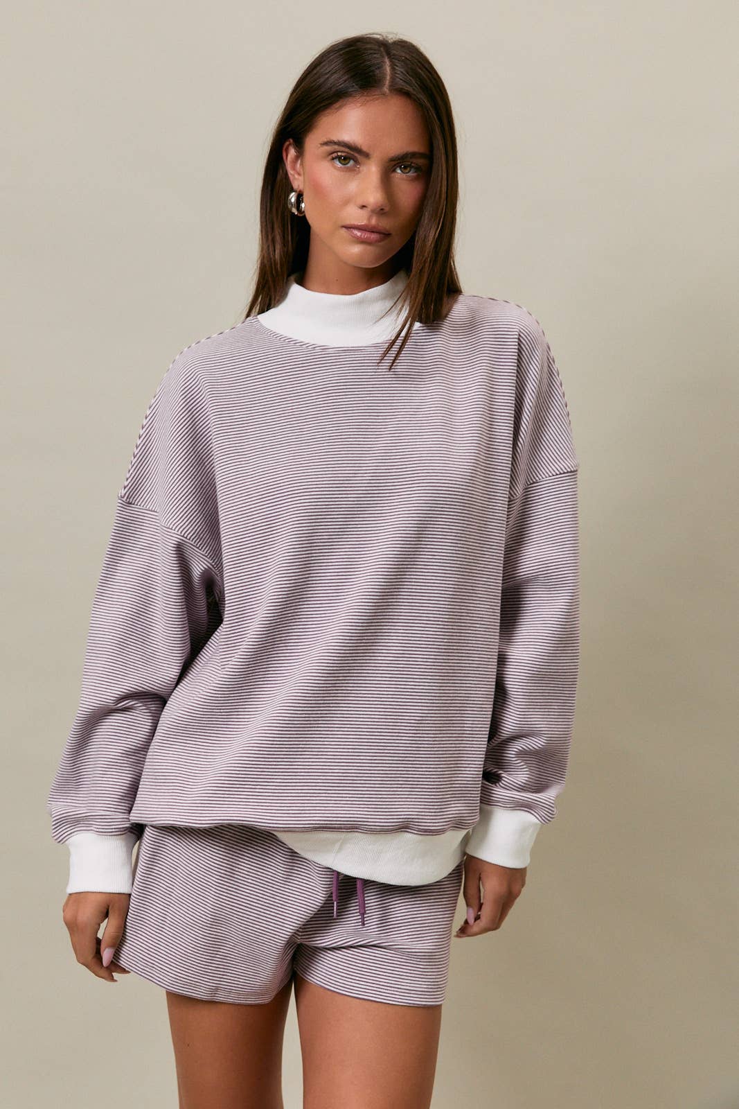 Mock Neck Stripe Sweatshirt - Lavender Cream Stripe
