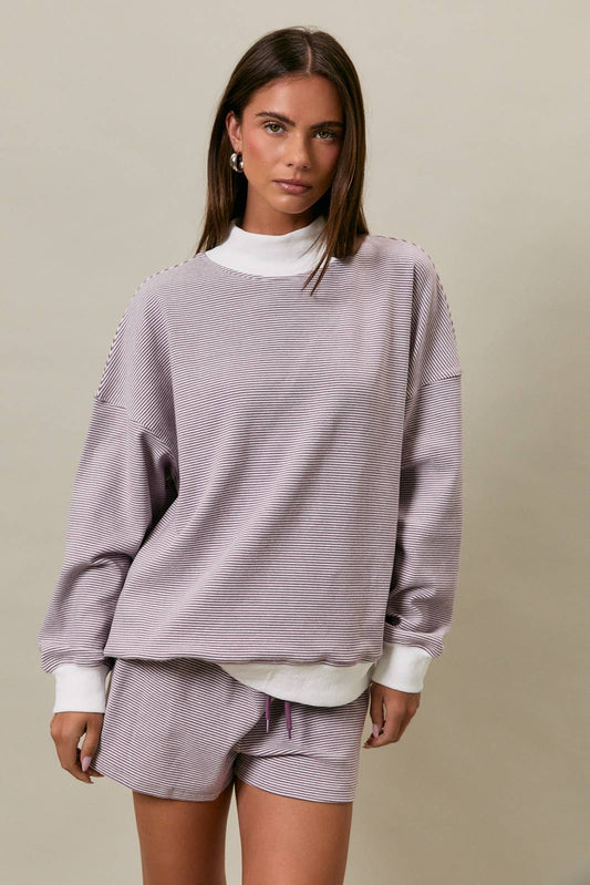 Mock Neck Stripe Sweatshirt - Lavender Cream Stripe