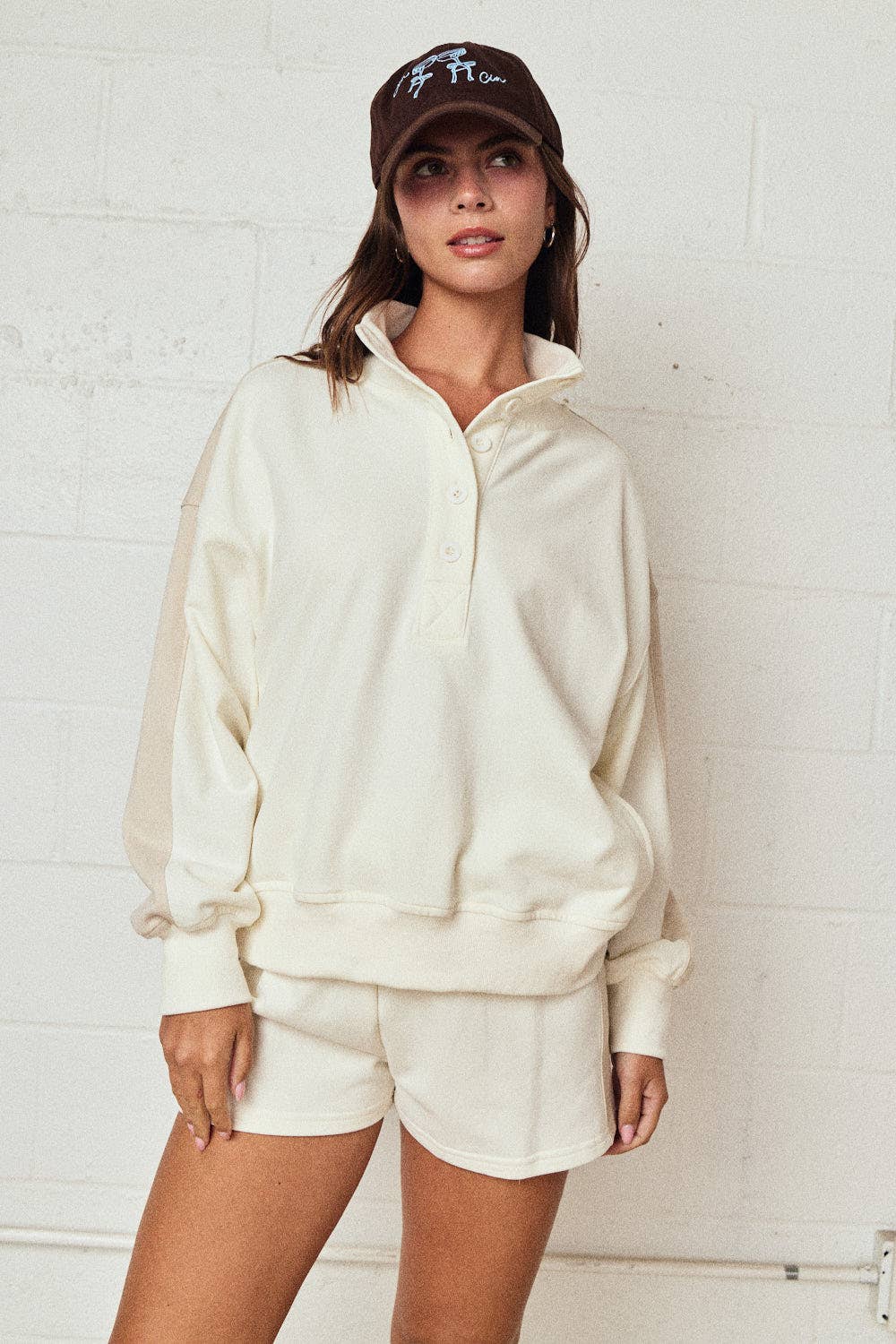 Mock neck Color block Pullover Short Set