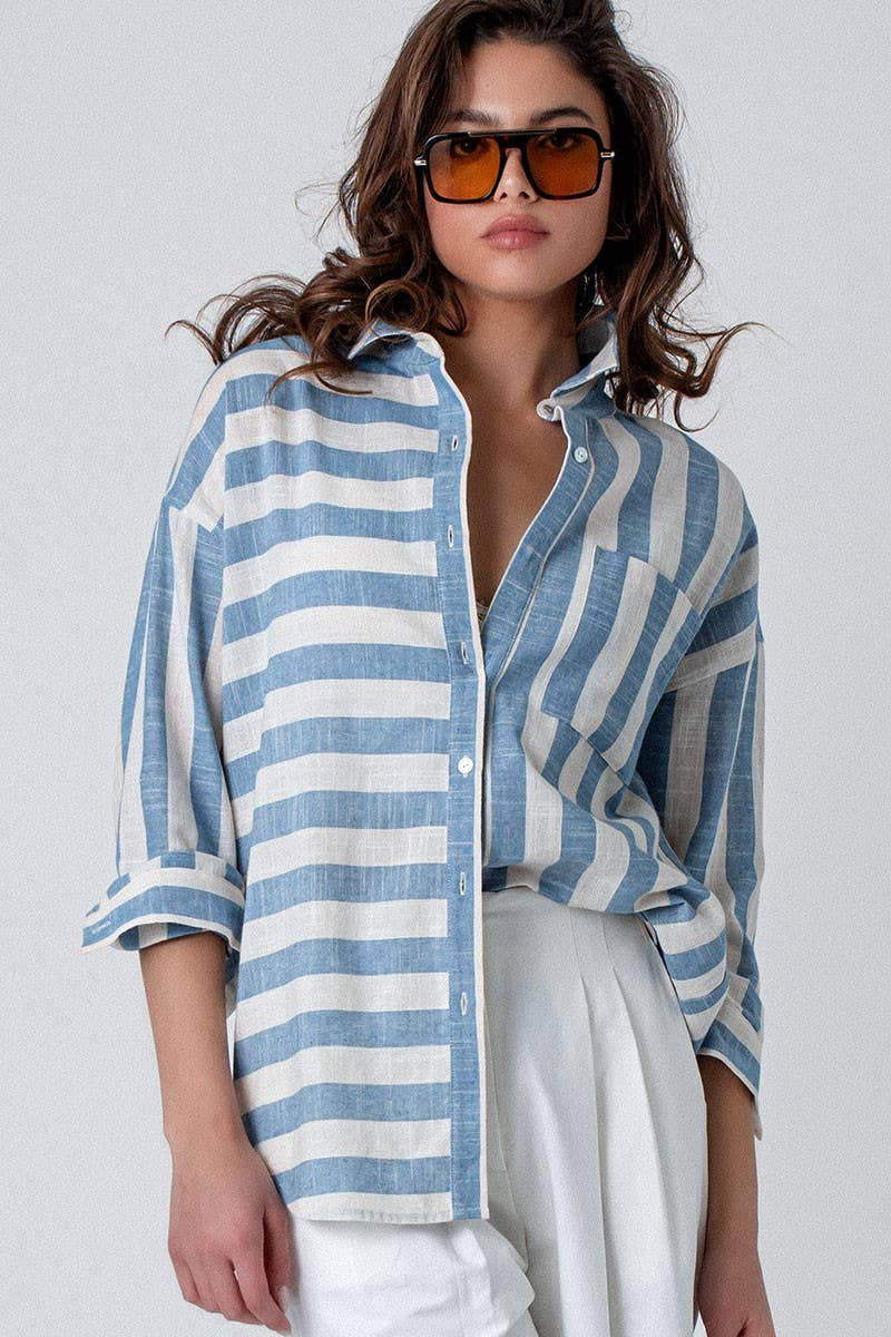 Mixed Stripe Pattern Oversized Button Down Shirt - Blue
