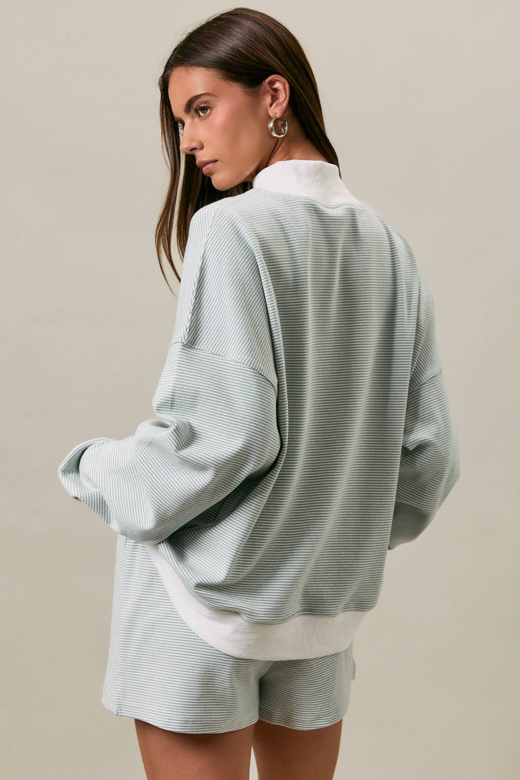 Mock Neck Stripe Sweatshirt - Sage Cream Stripe