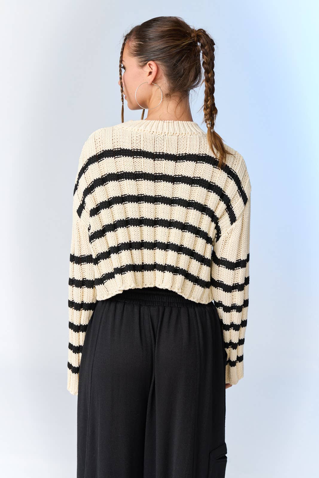 Copped Striped Sweater: Cream/Black