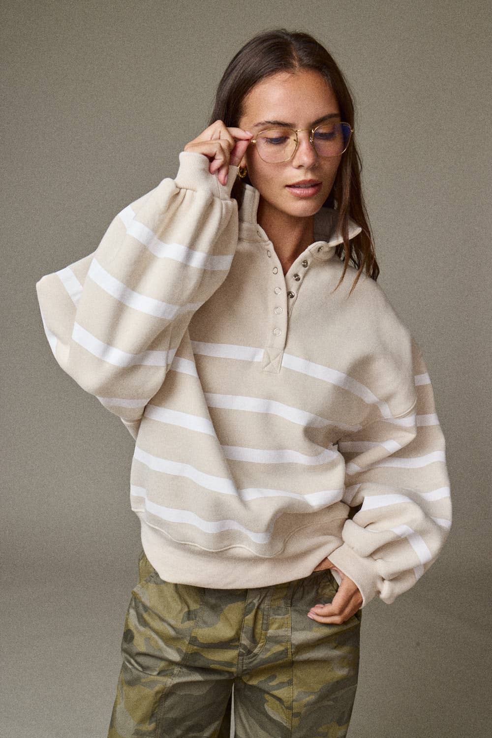 Addison Stripe Pullover: TAUPE/WHITE