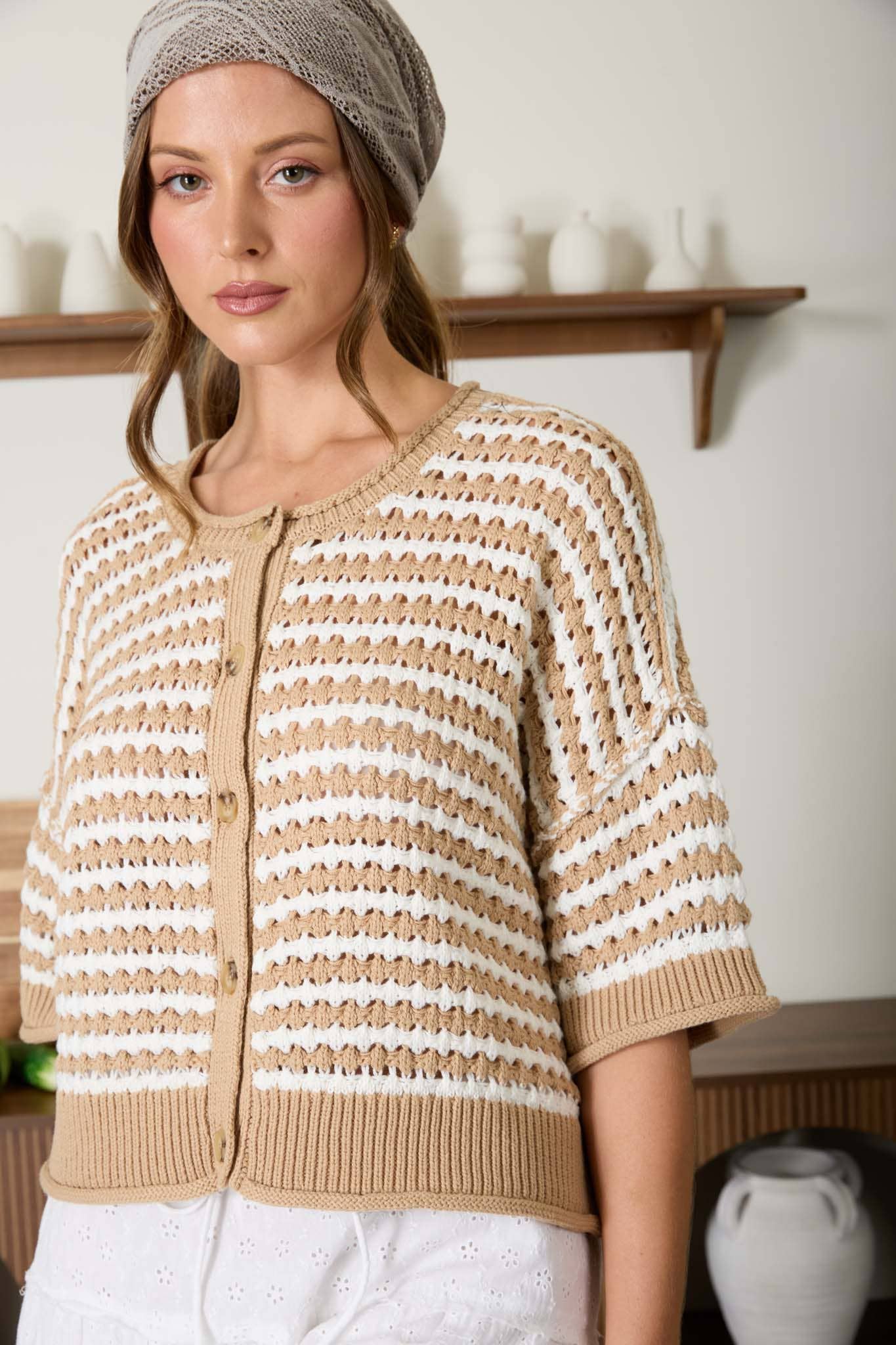 STRIPE SHORT SLEEVE CROCHET KNIT CARDIGAN - KHAKI