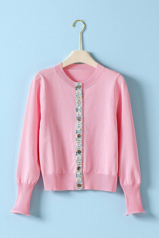Contrast Floral Detail Knit Button Cardigan - Pink