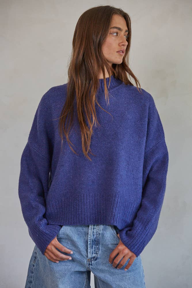 Knit Sweater Mock Neck Long Sleeve Top: Navy