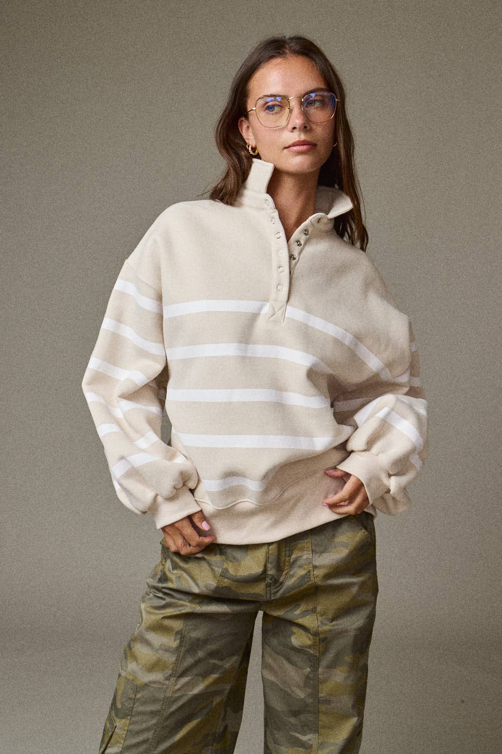 Addison Stripe Pullover: TAUPE/WHITE