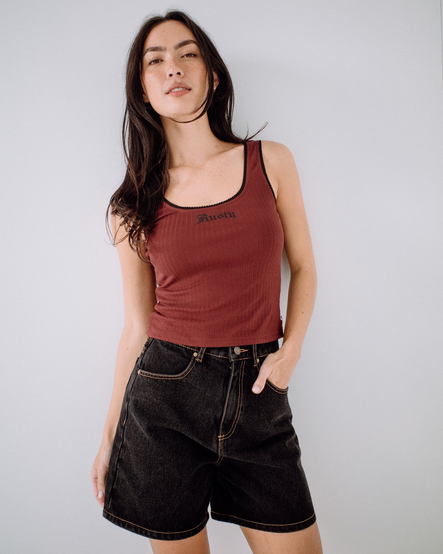 Rusty Cassian Ribbed Scoop Neck Singlet Top - Burgundy