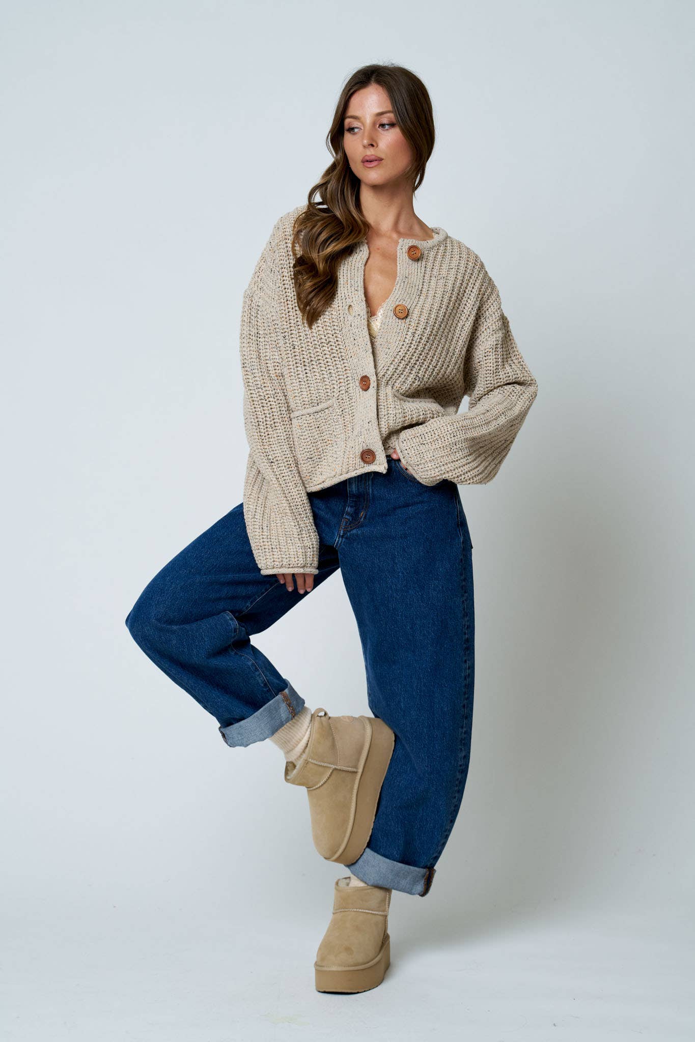 Marled Button Down Raw Edge Chunky Knit Cardigan: LIGHT KHAKI