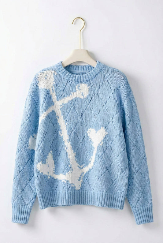 Nautical Anchor Textured Knit Sweater - Light Blue