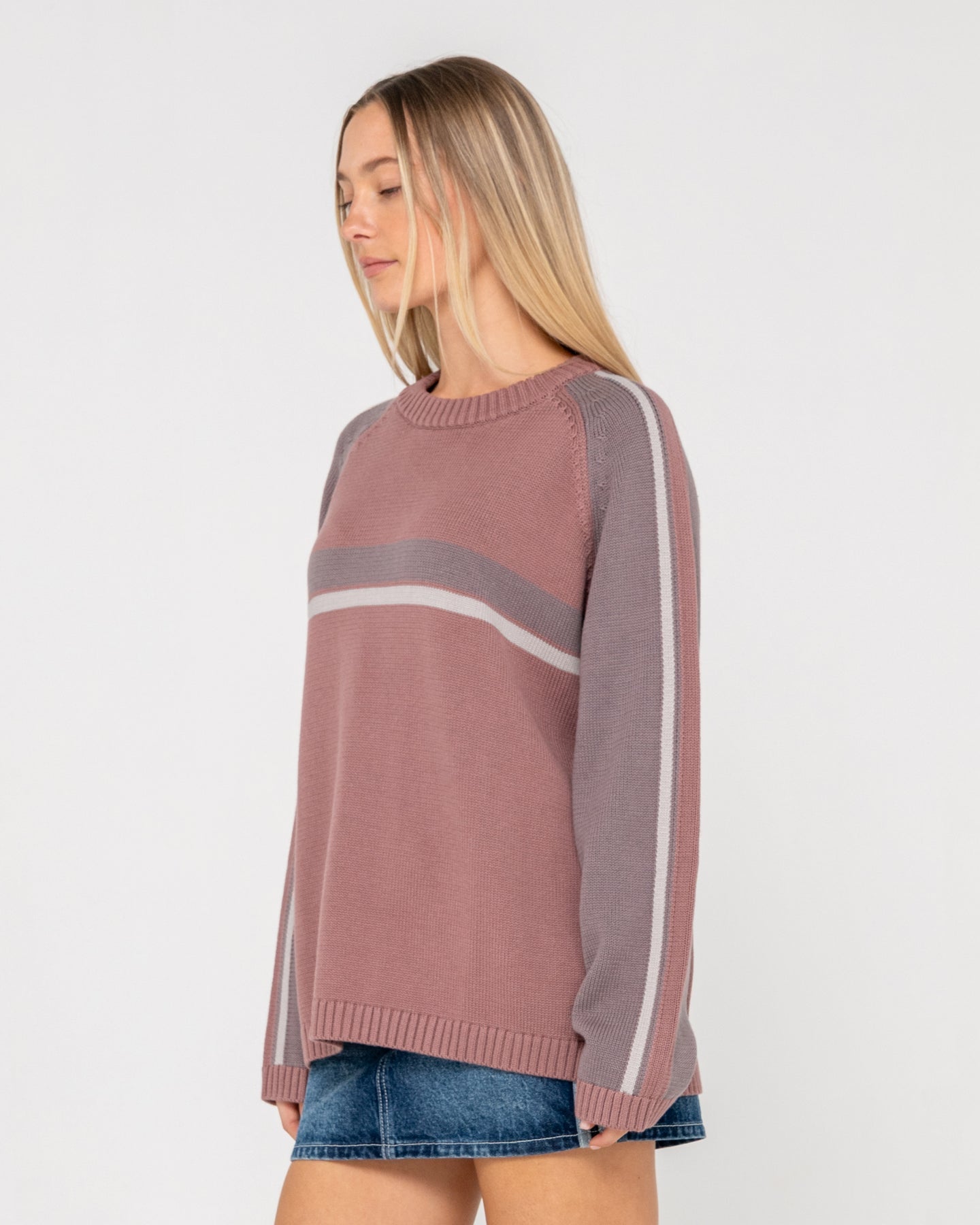 Rusty White Lines Two L/S Knit Crew Neck - Elderberry