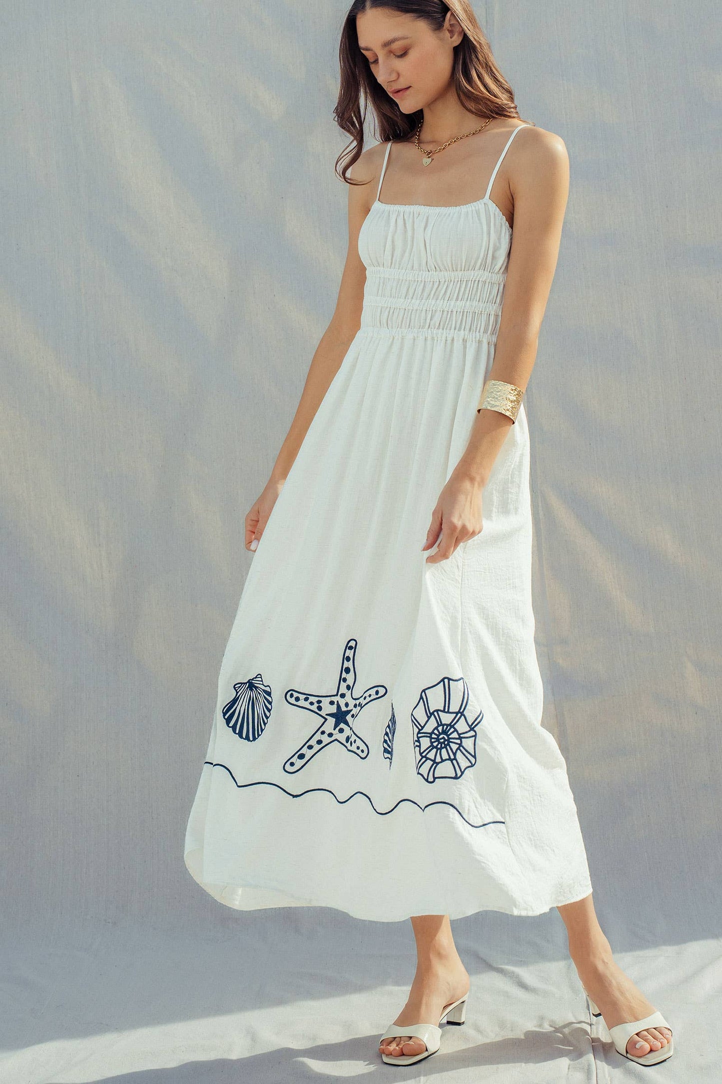 Seashell Embroidered Linen Blend Smocked Dress