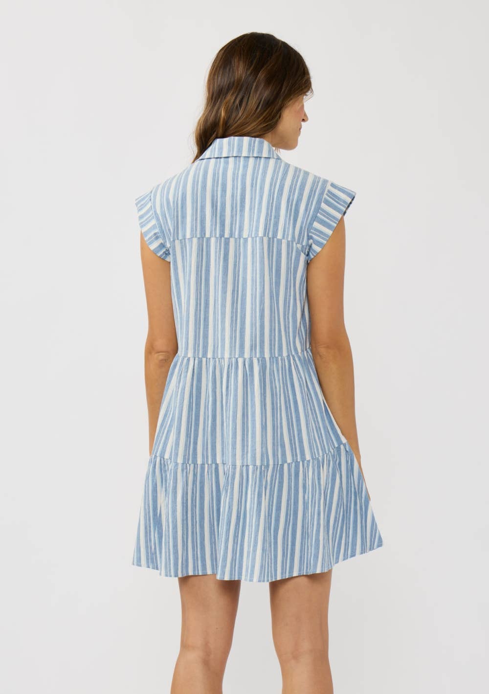 Striped Button-Down Tiered Mini Dress: Blue & White