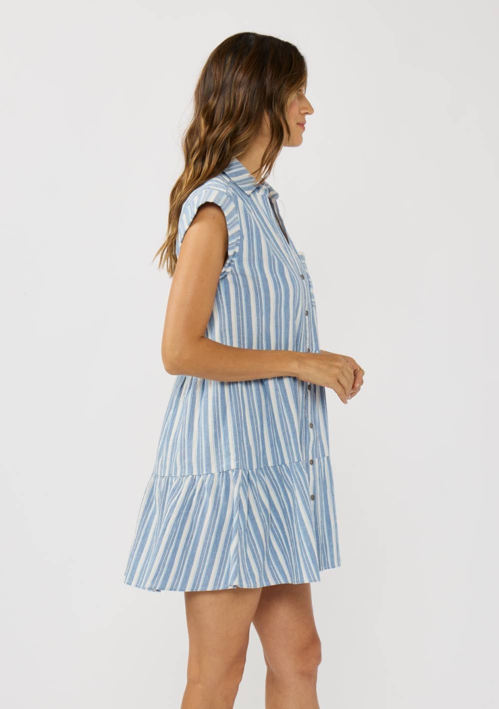 Striped Button-Down Tiered Mini Dress: Blue & White