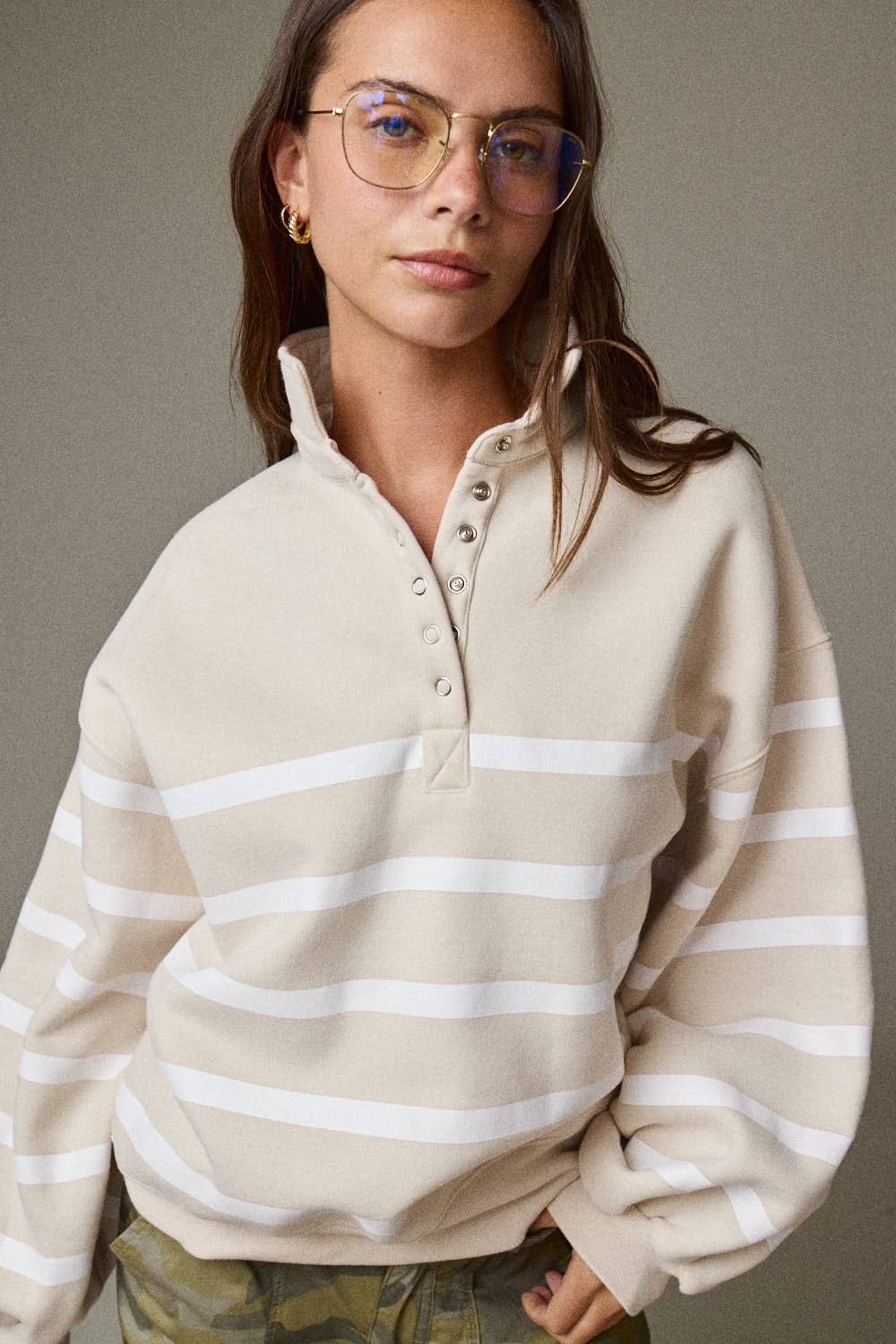 Addison Stripe Pullover: TAUPE/WHITE