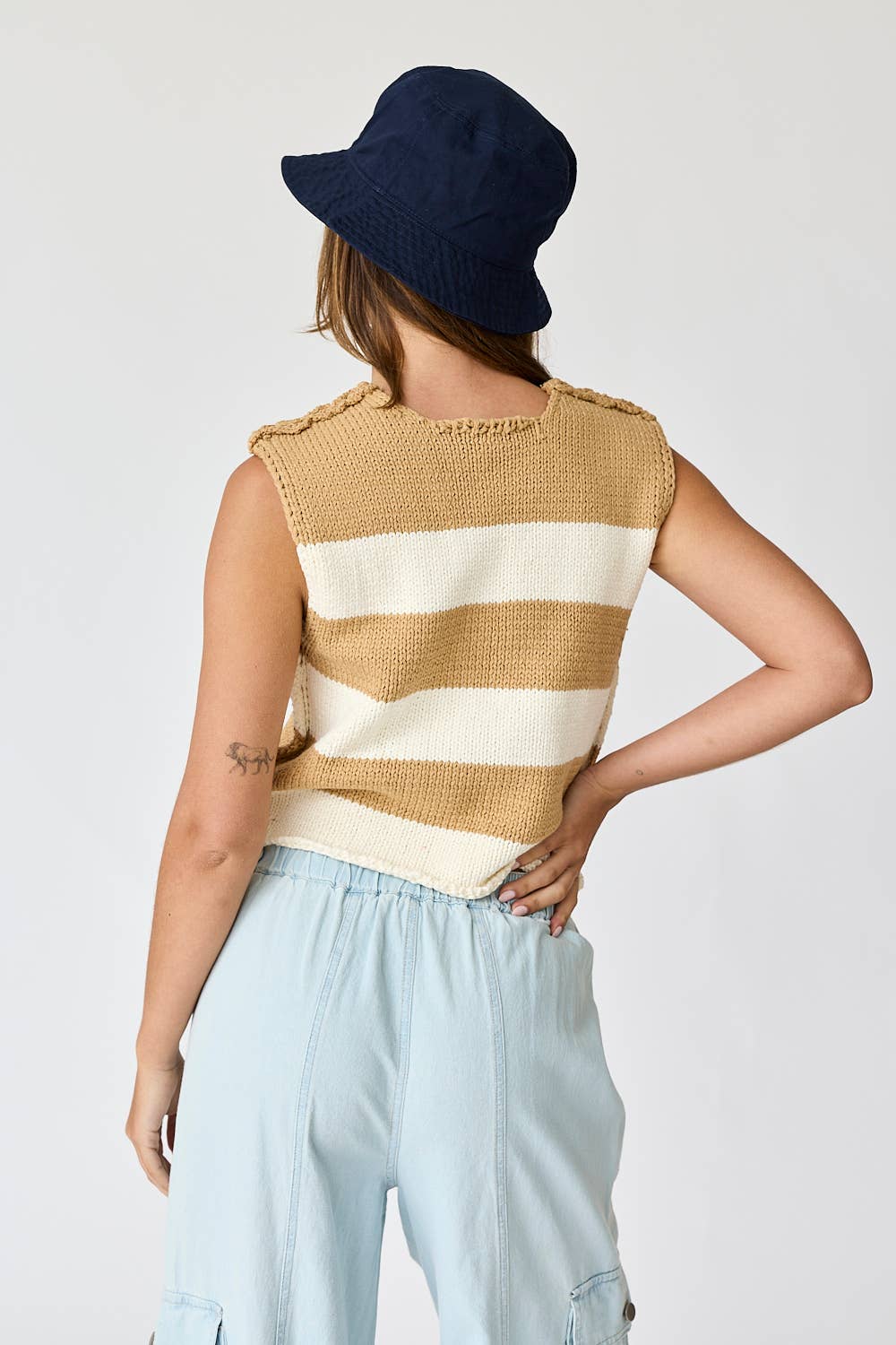 Stripe Cropped Sweater Top: Taupe/White