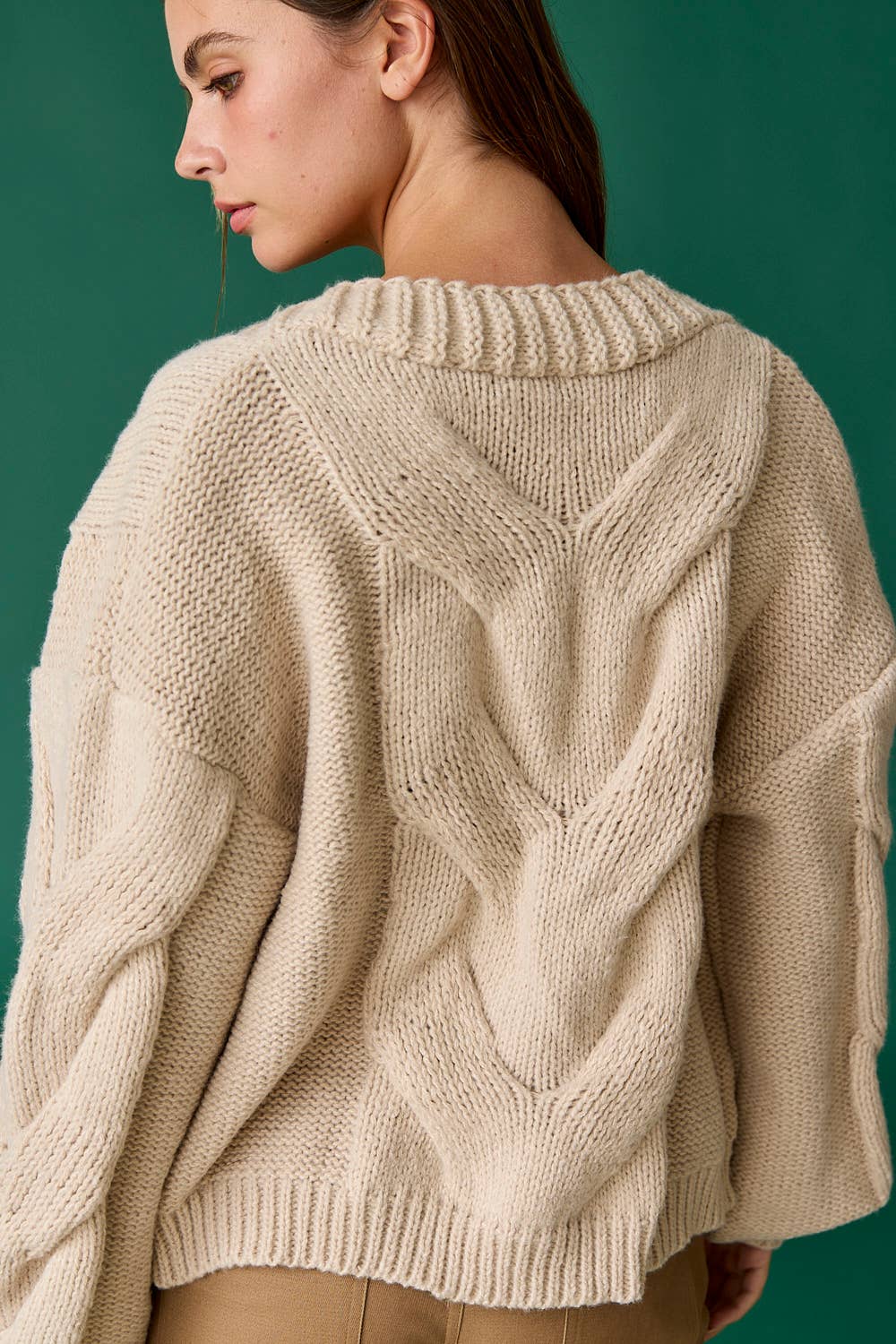 Oversized Cable Knit Cardigan - Tan