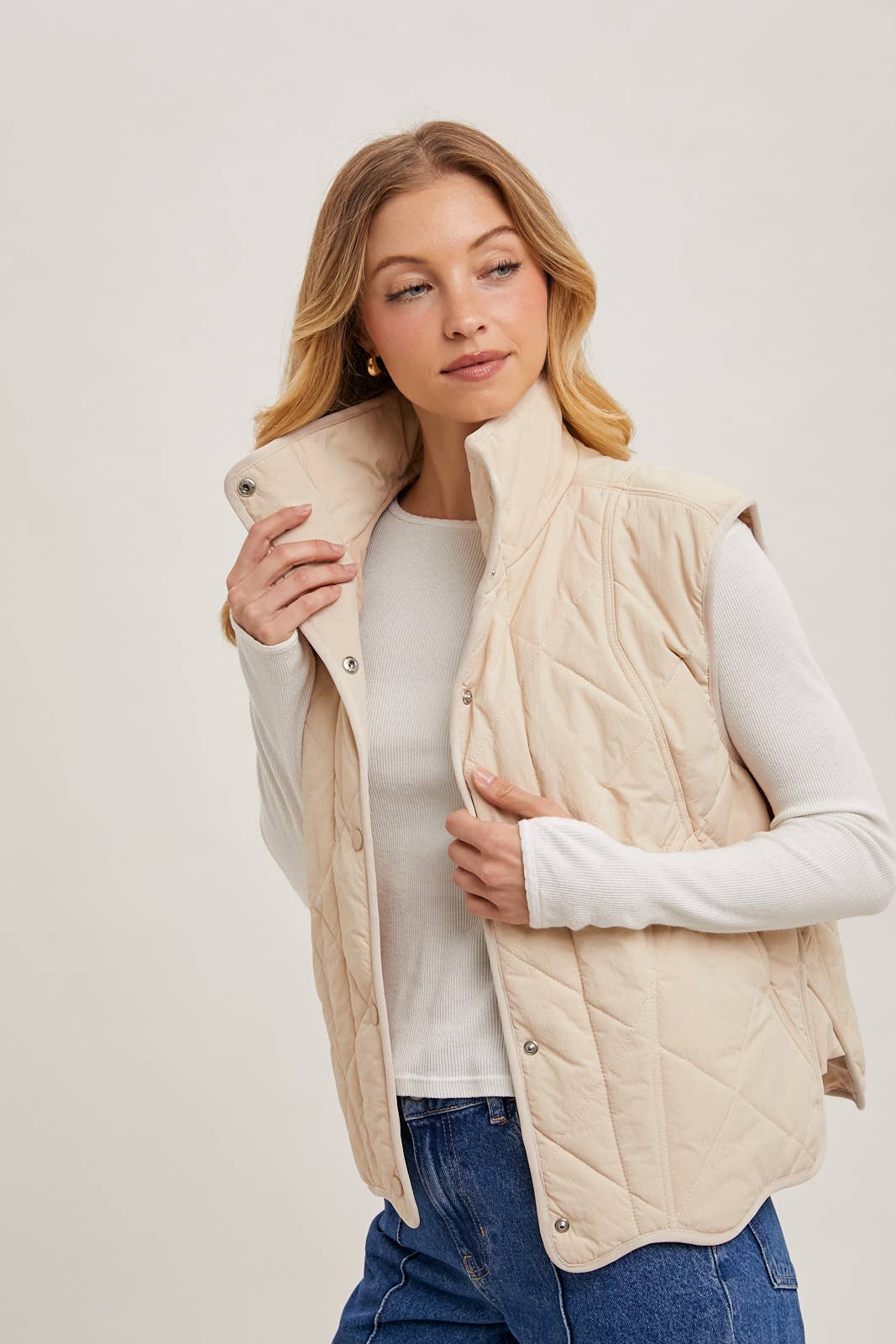 Button Down Quilted Puffer Vest with Pockets: Beige