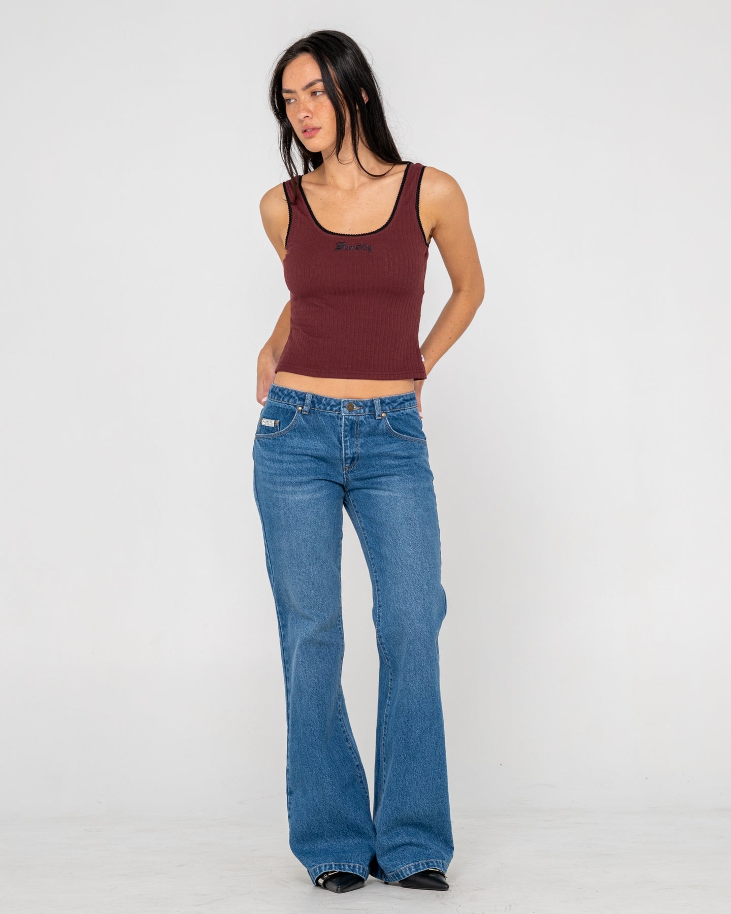 Rusty Freida Flare Low Rise Denim Jean - Blasted Middy Blue