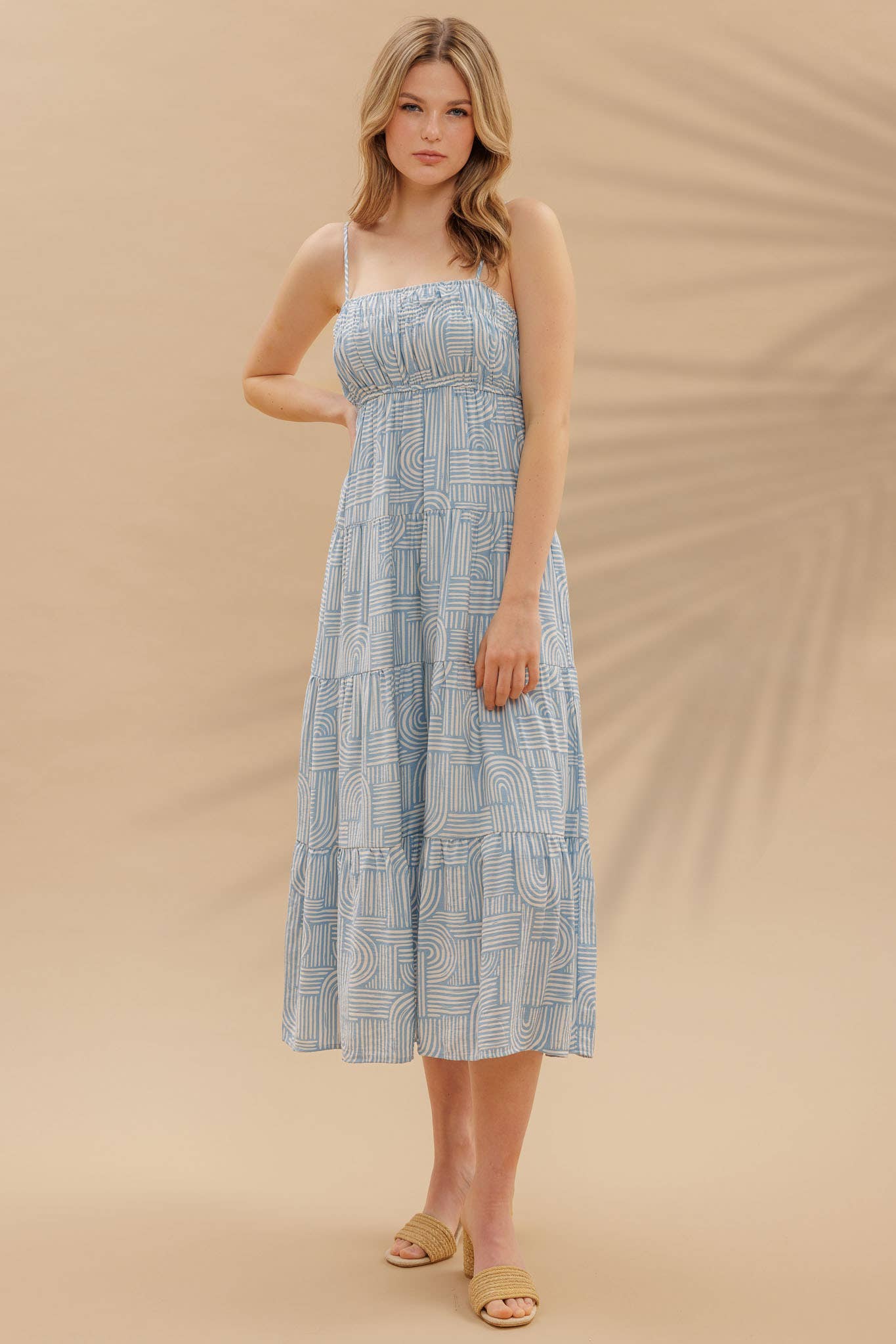 Abstract Print Empire Waist Tiered Midi Dress: LIGHT BLUE