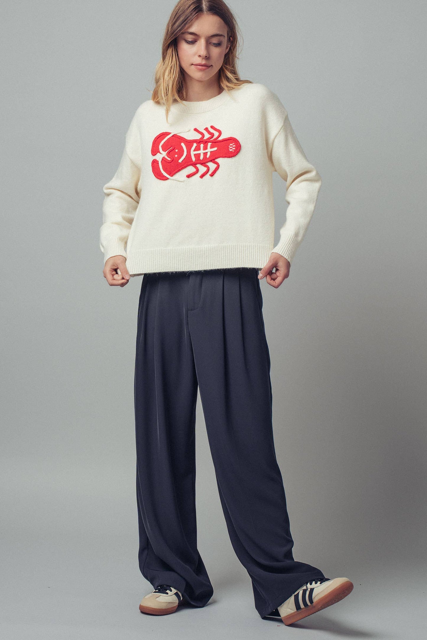 Embroidered Red Lobster Nautical Sweater - Ivory
