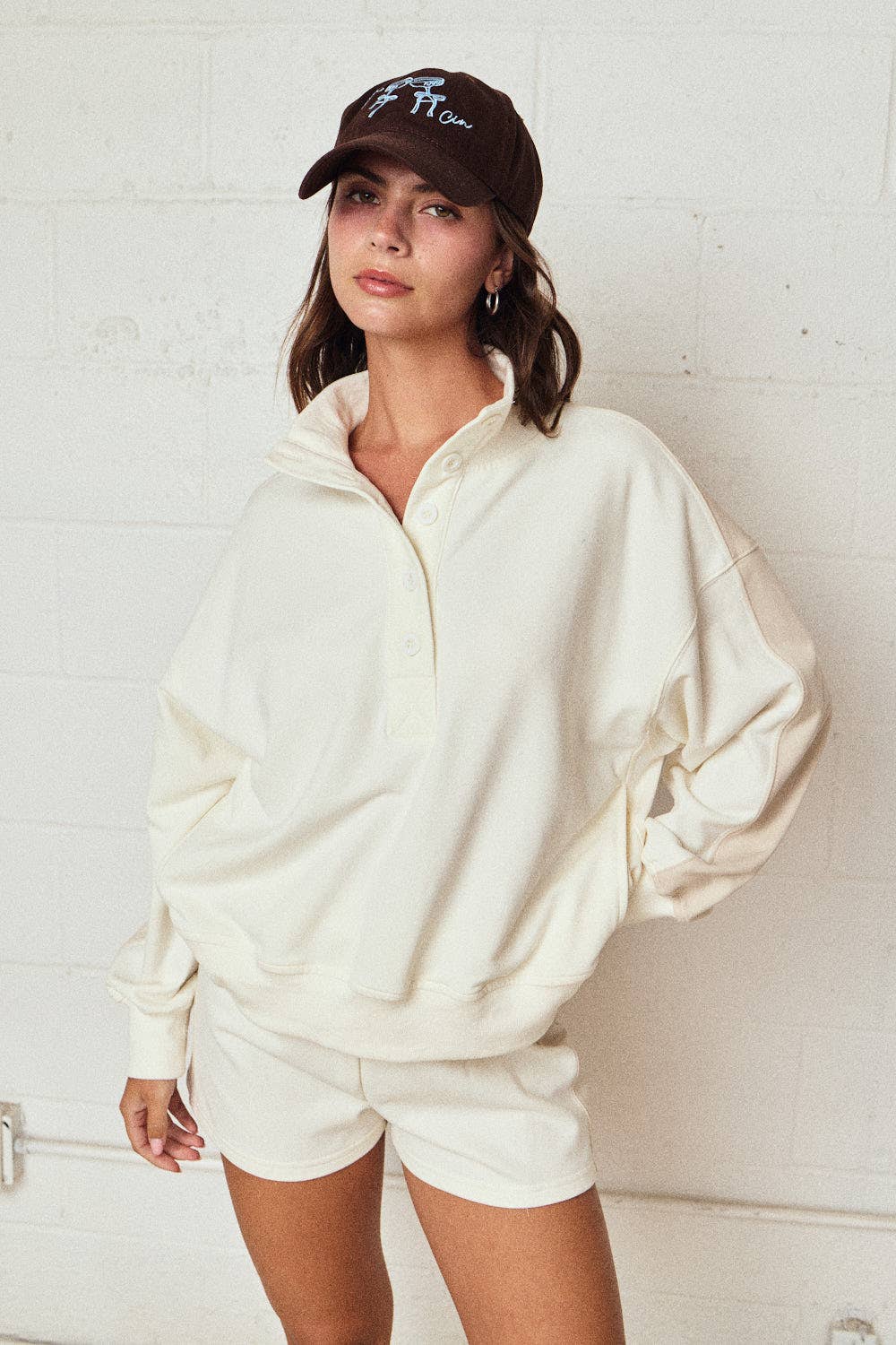 Mock neck Color block Pullover Short Set