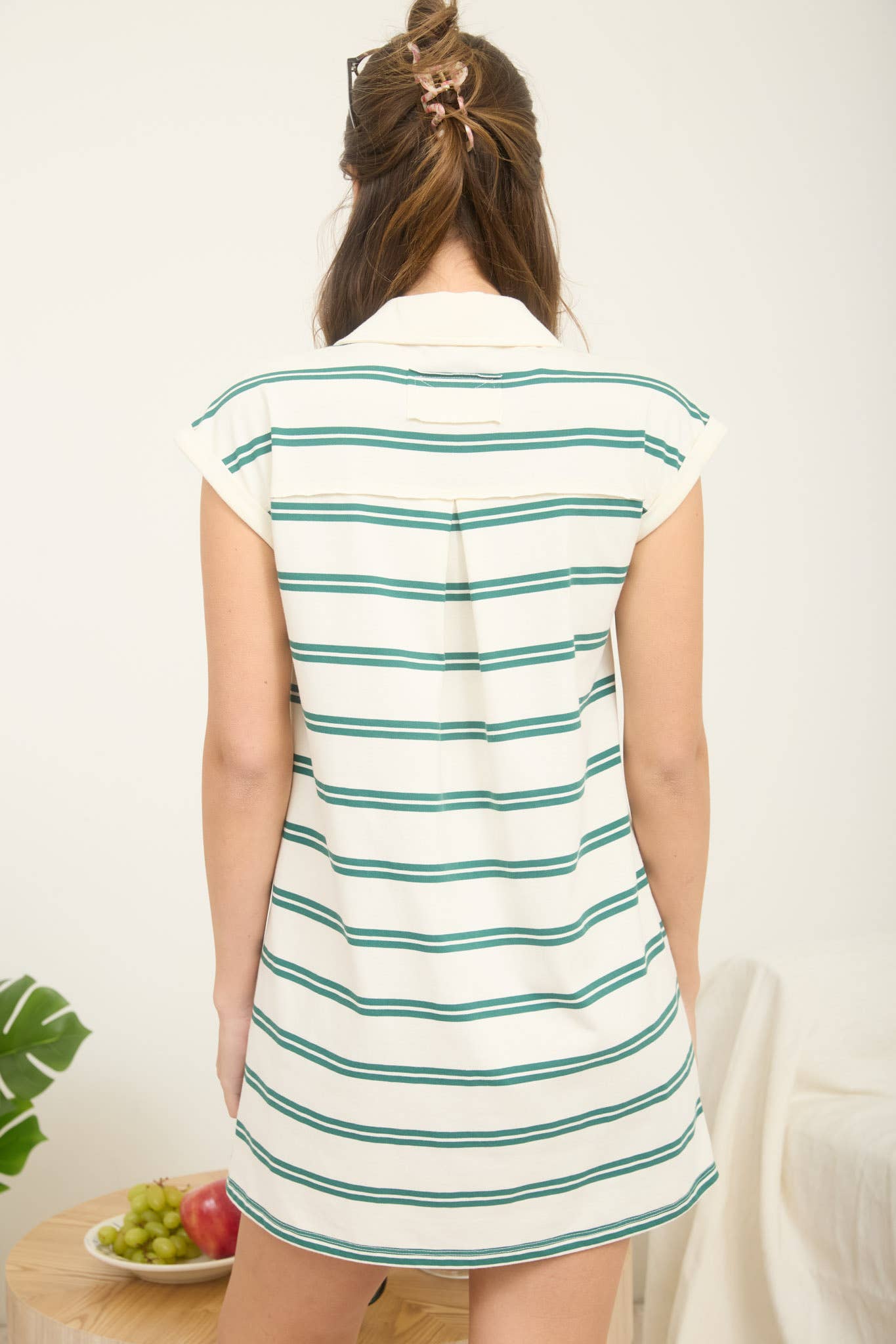 STRIPE COLLARED SHORT SLEEVE MINI SHIRT DRESS - GREEN