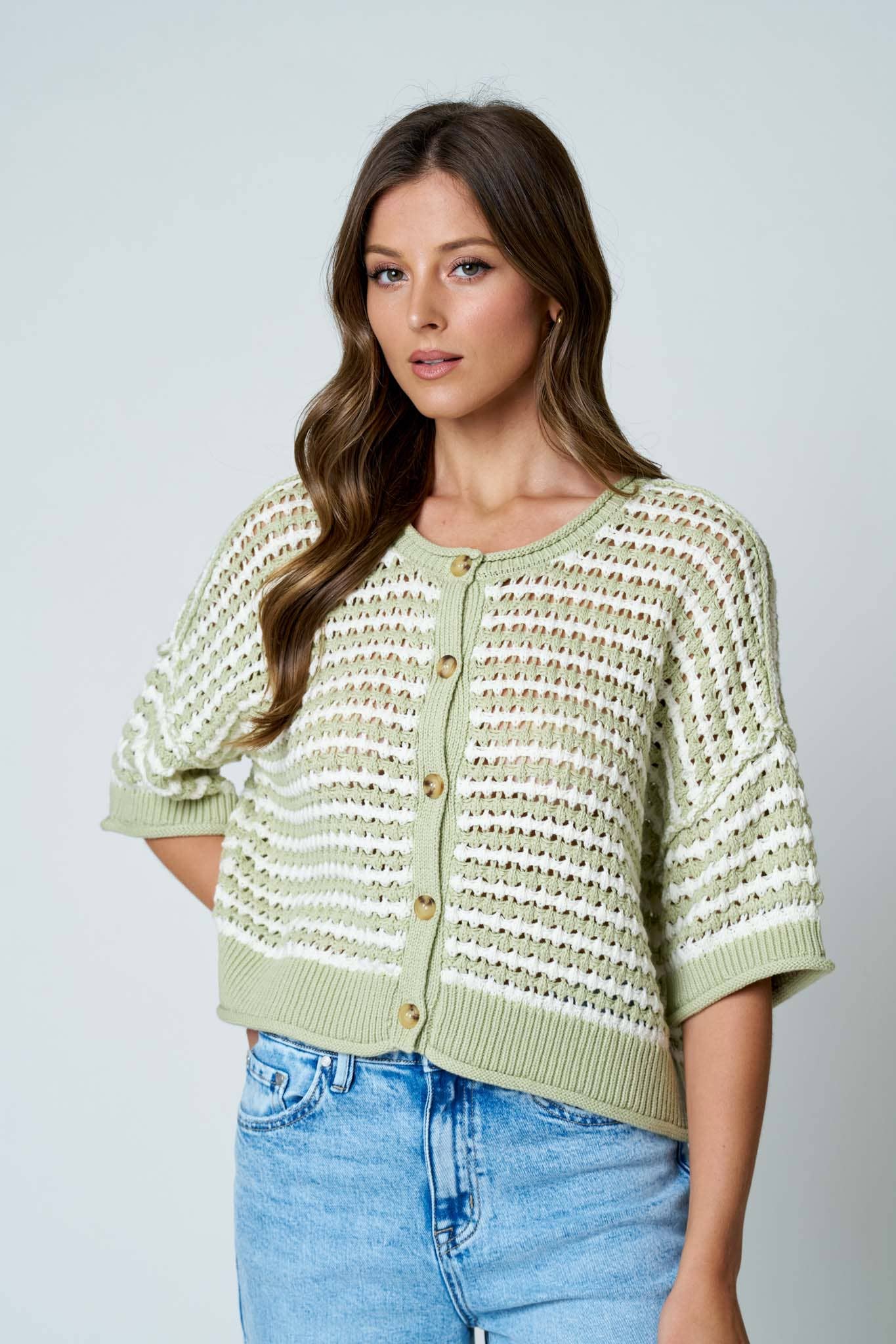 Stripe Short Sleeve Crochet Knit Cardigan: LIGHT OLIVE