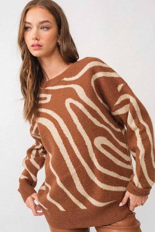 Wave Print Oversized Sweater Top - Beige