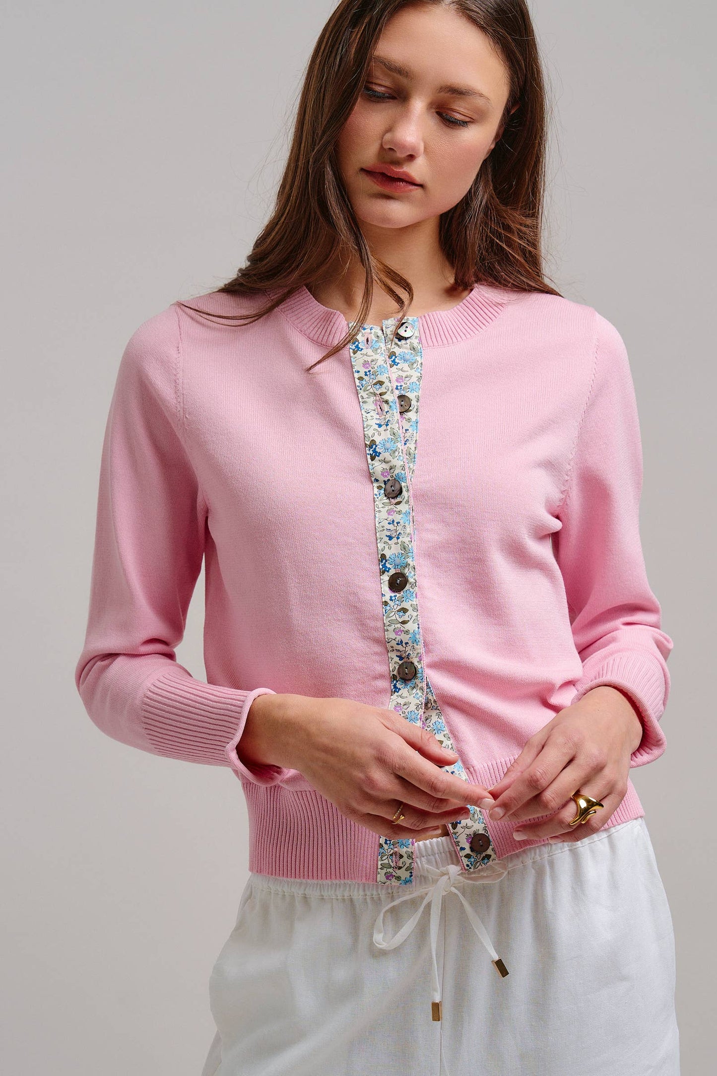 Contrast Floral Detail Knit Button Cardigan - Pink