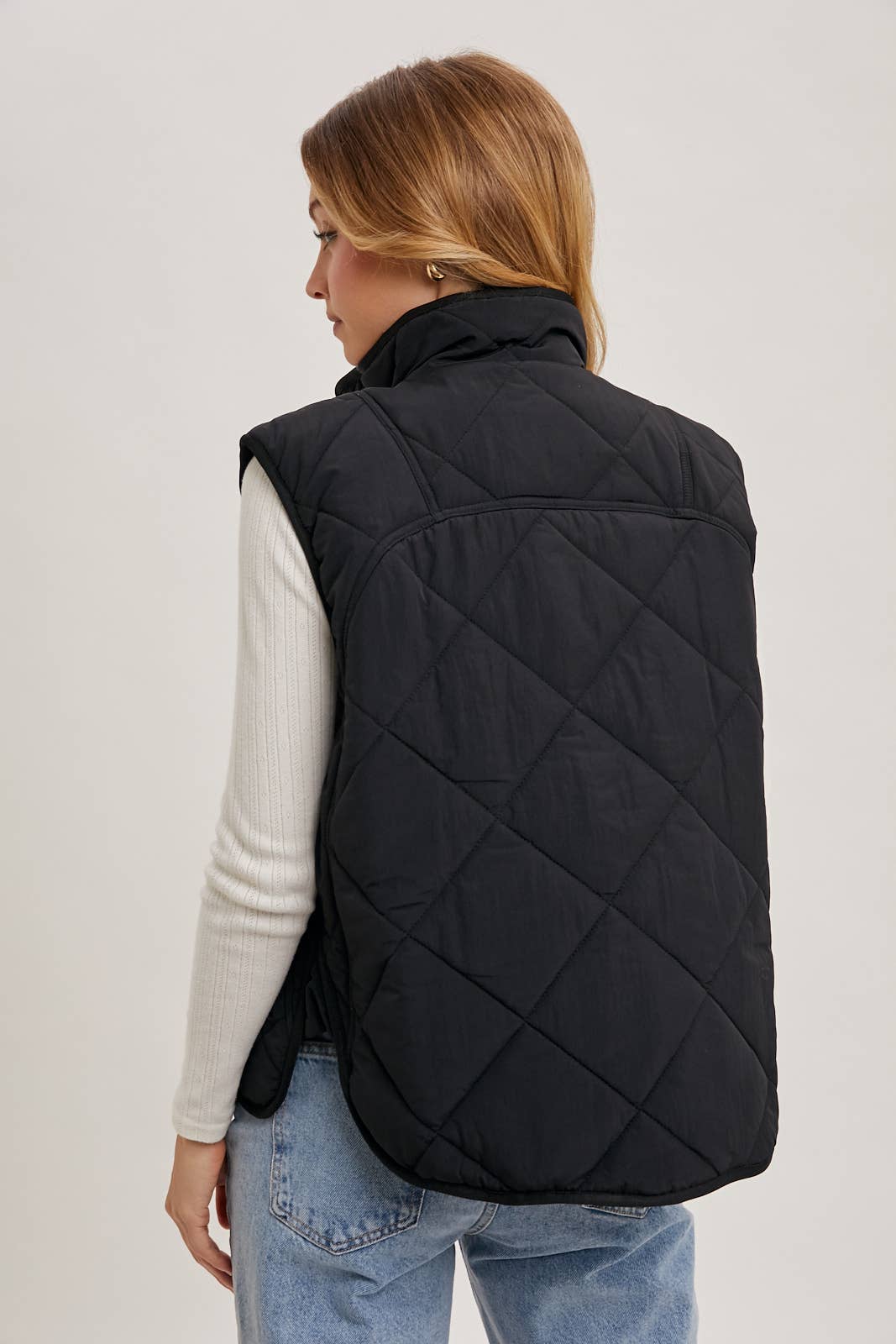 Button Down Quilted Puffer Vest : Black