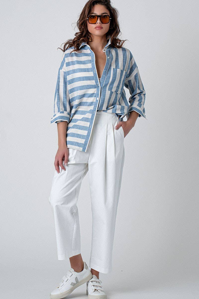 Mixed Stripe Pattern Oversized Button Down Shirt - Blue