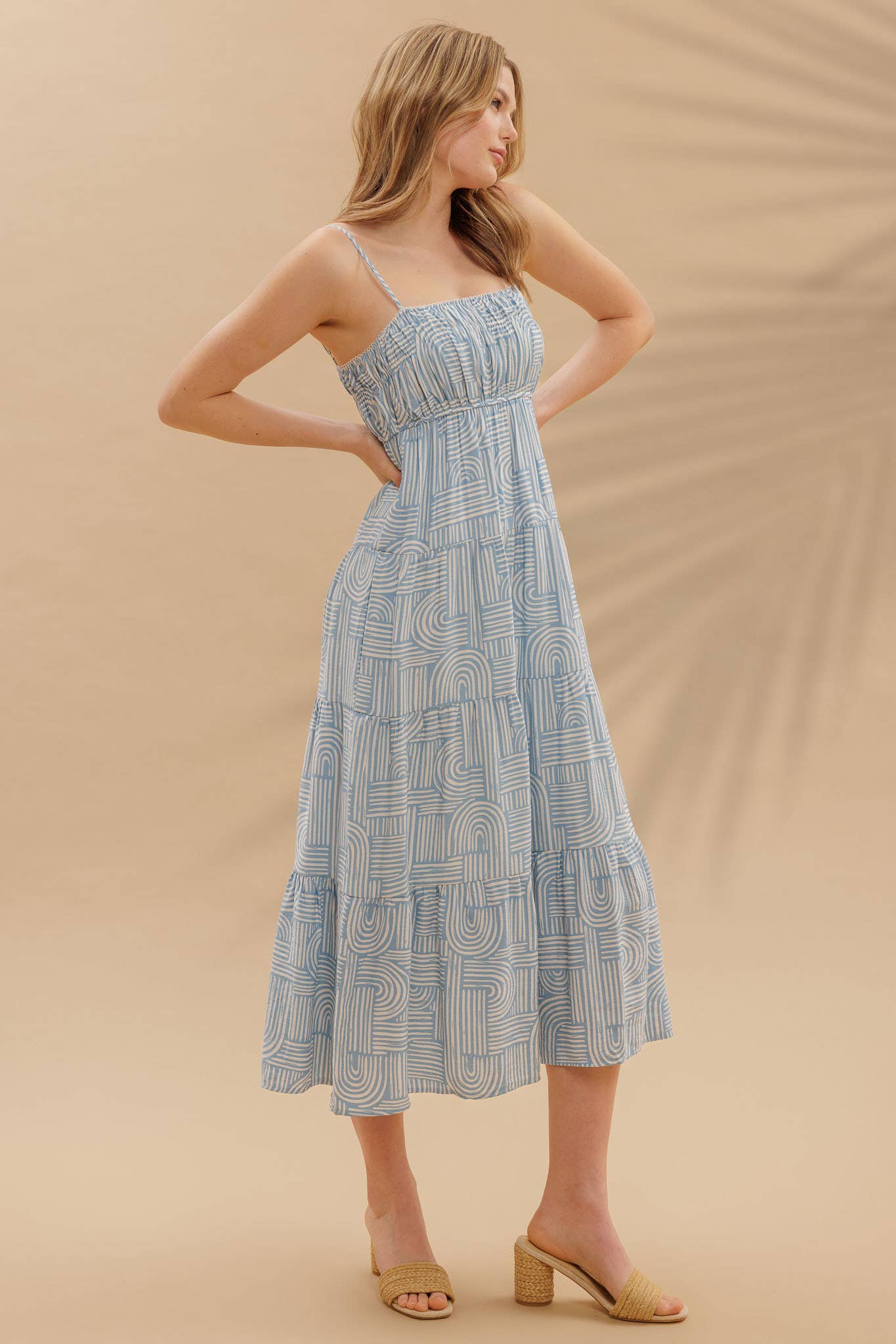 Abstract Print Empire Waist Tiered Midi Dress: LIGHT BLUE